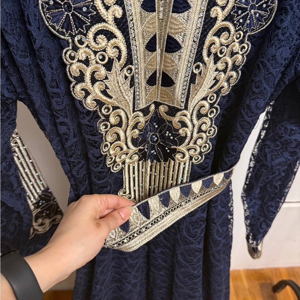 Arabian Embroidered Navy Dress with Gold Accents with belt fits L/XL with Stretc - Picture 5 of 11